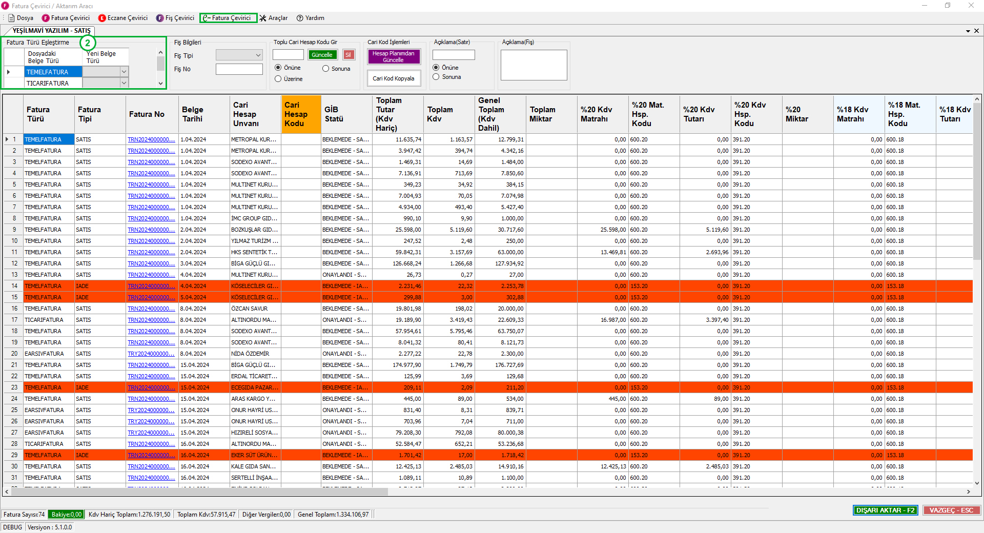 2-Fatura Türü Eşleştirme