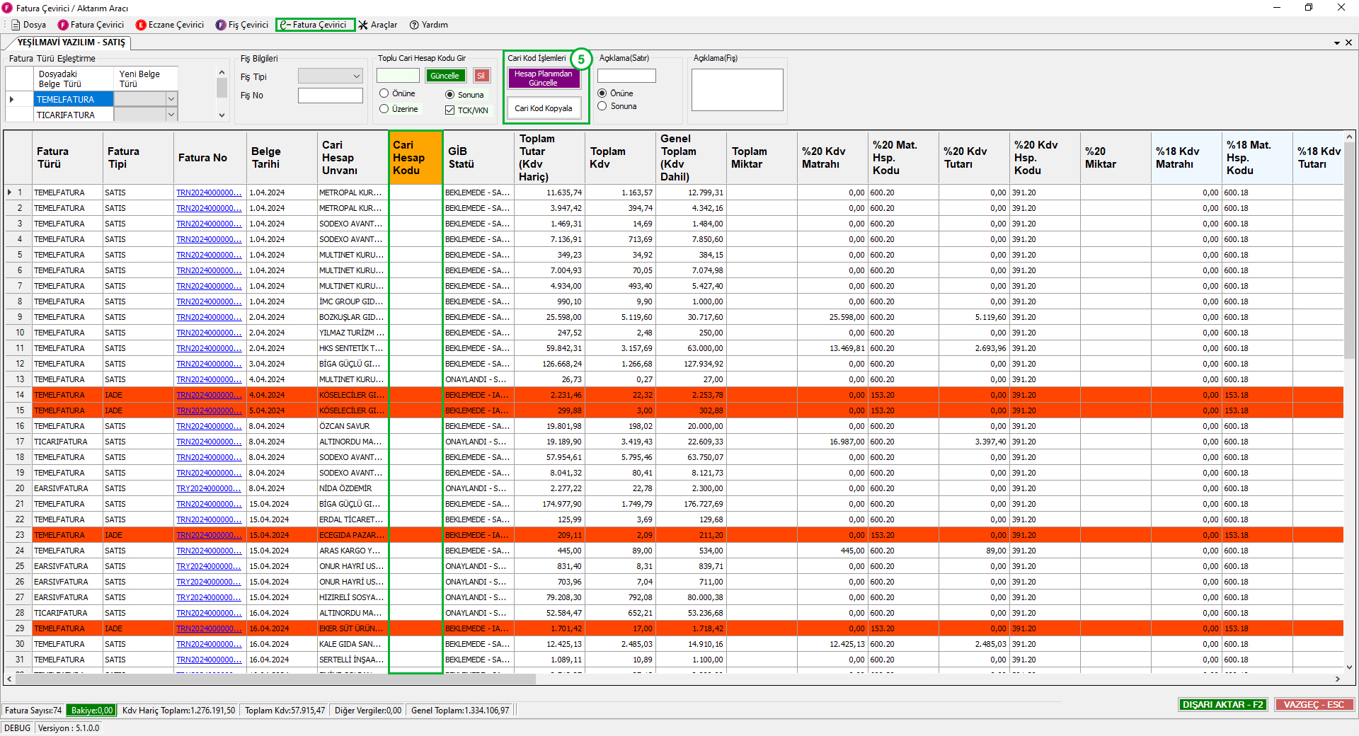 5-Cari Kod İşlemleri